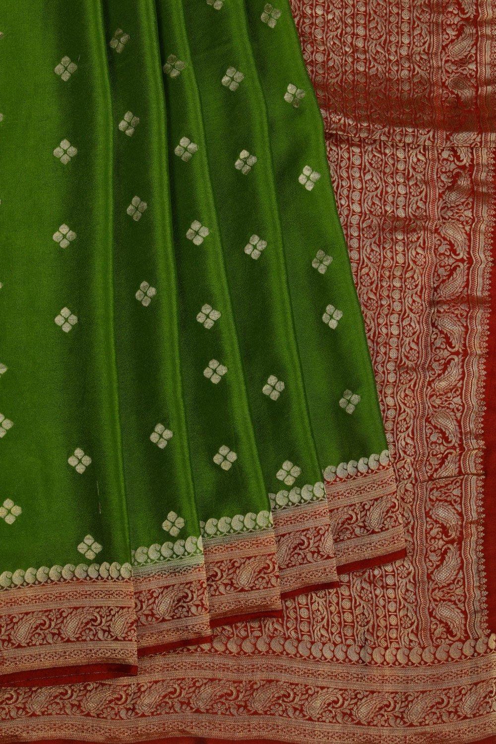 Mysore Crepe Silk Green Saree With Gold Zari Mango Paisley Rusty-Maroon Border